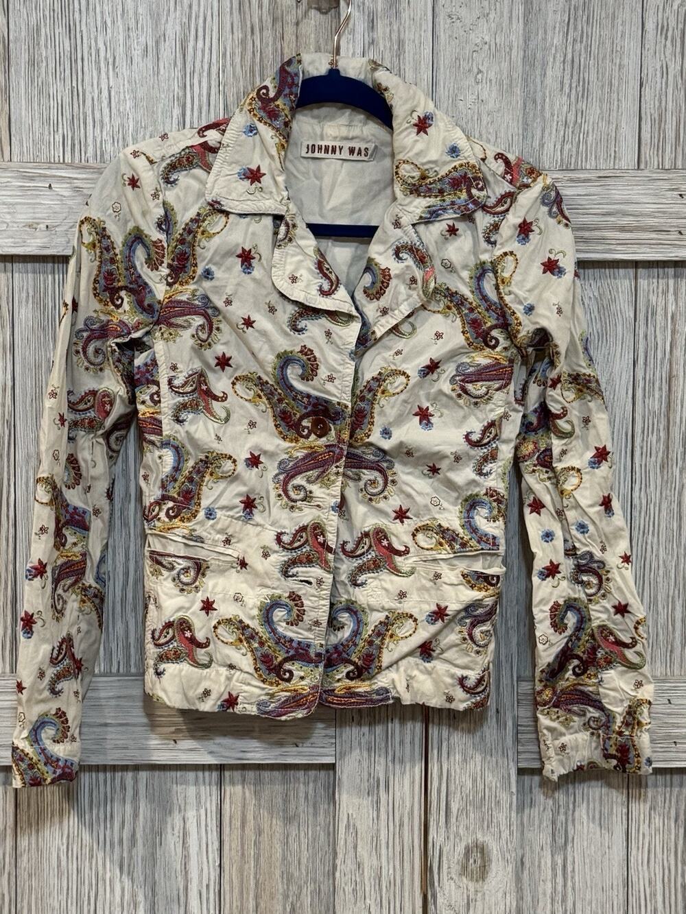 Johnny Was‎ Blazer Jacket Cream Paisley Embroidered Career Womens Sz Xsmall Vtg
